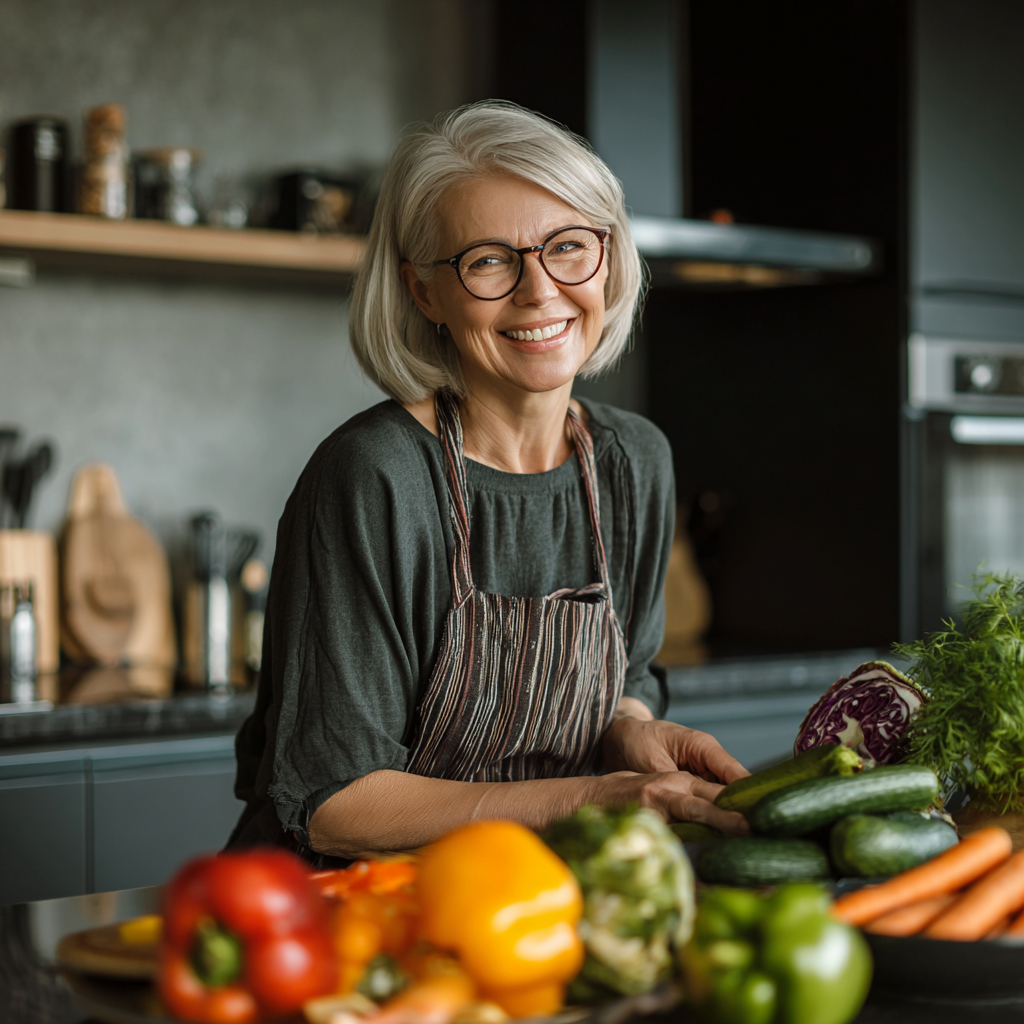 Smiling elderly Ukrainian couple cooking together in bright kitchen, preparing healthy balanced meal with fresh ingredients